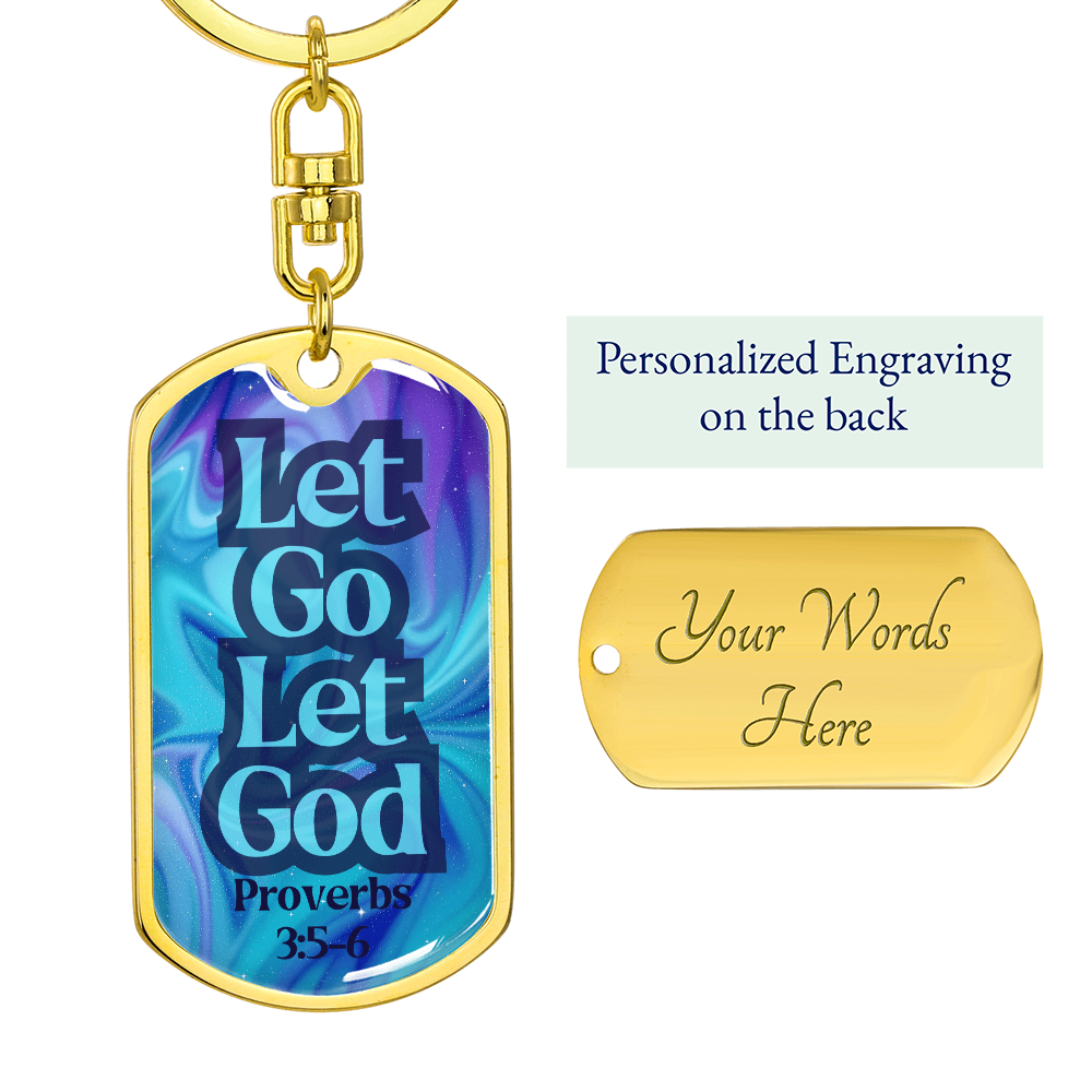 Gold dog tag keychain with blue front and engraved back reading “Your Words Here”