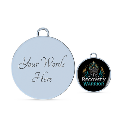 Personalized round charm and small warrior emblem charm on a silver bail