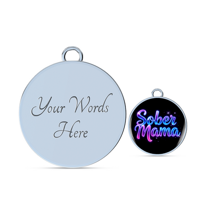 Engraved bangle bracelet with “Your Words Here” disc and “Sober Mama” charm