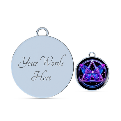 Butterfly recovery bracelet with custom round charm text and purple butterfly pendant