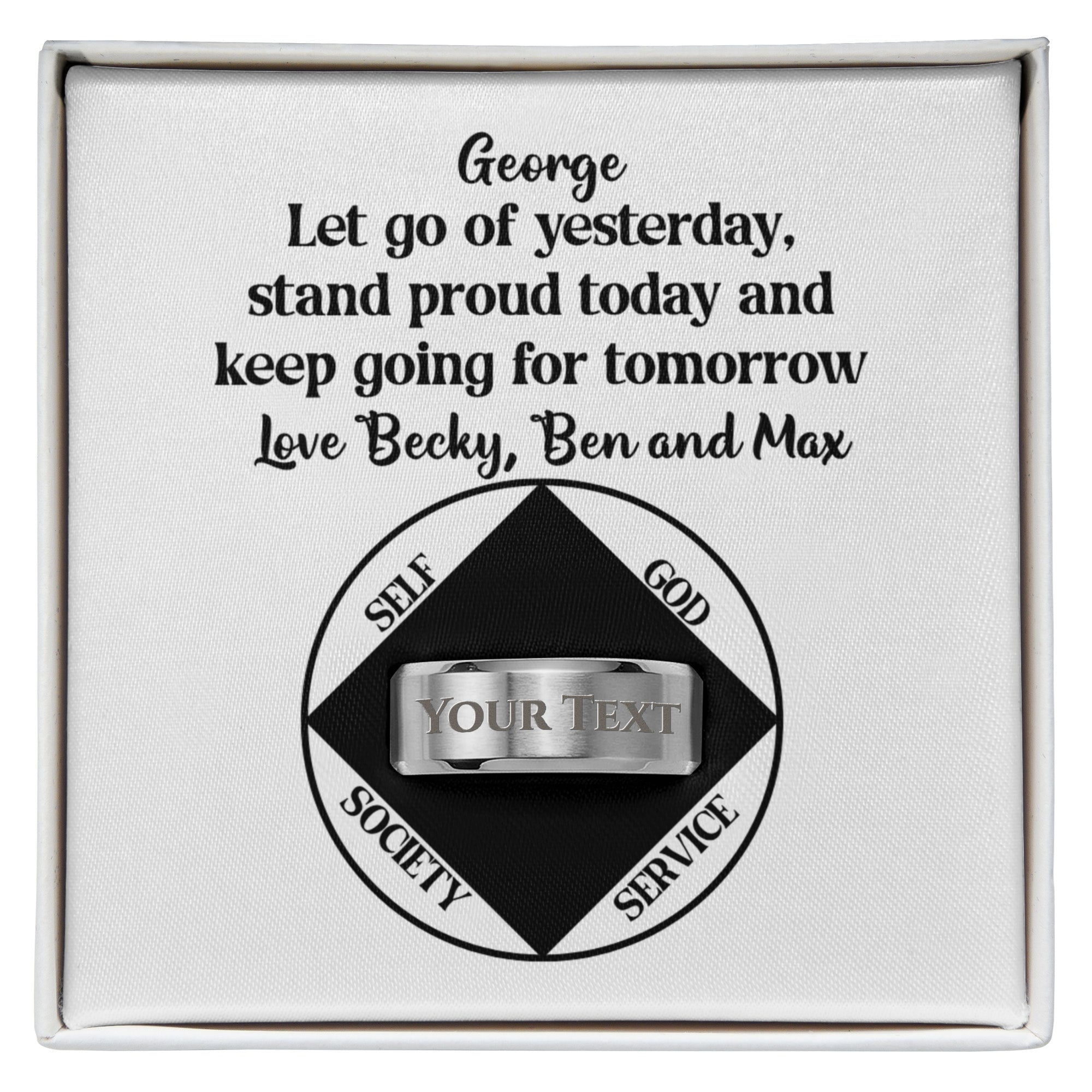 Personalized stainless steel ring with engraved band and message card in gift box