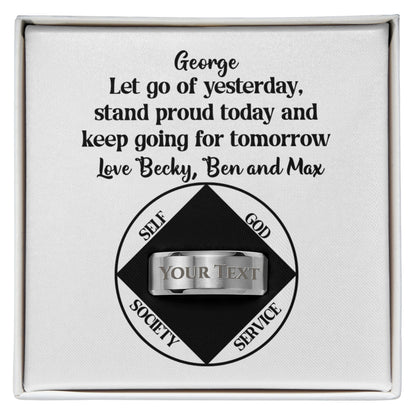 Personalized stainless steel ring with engraved band and message card in gift box