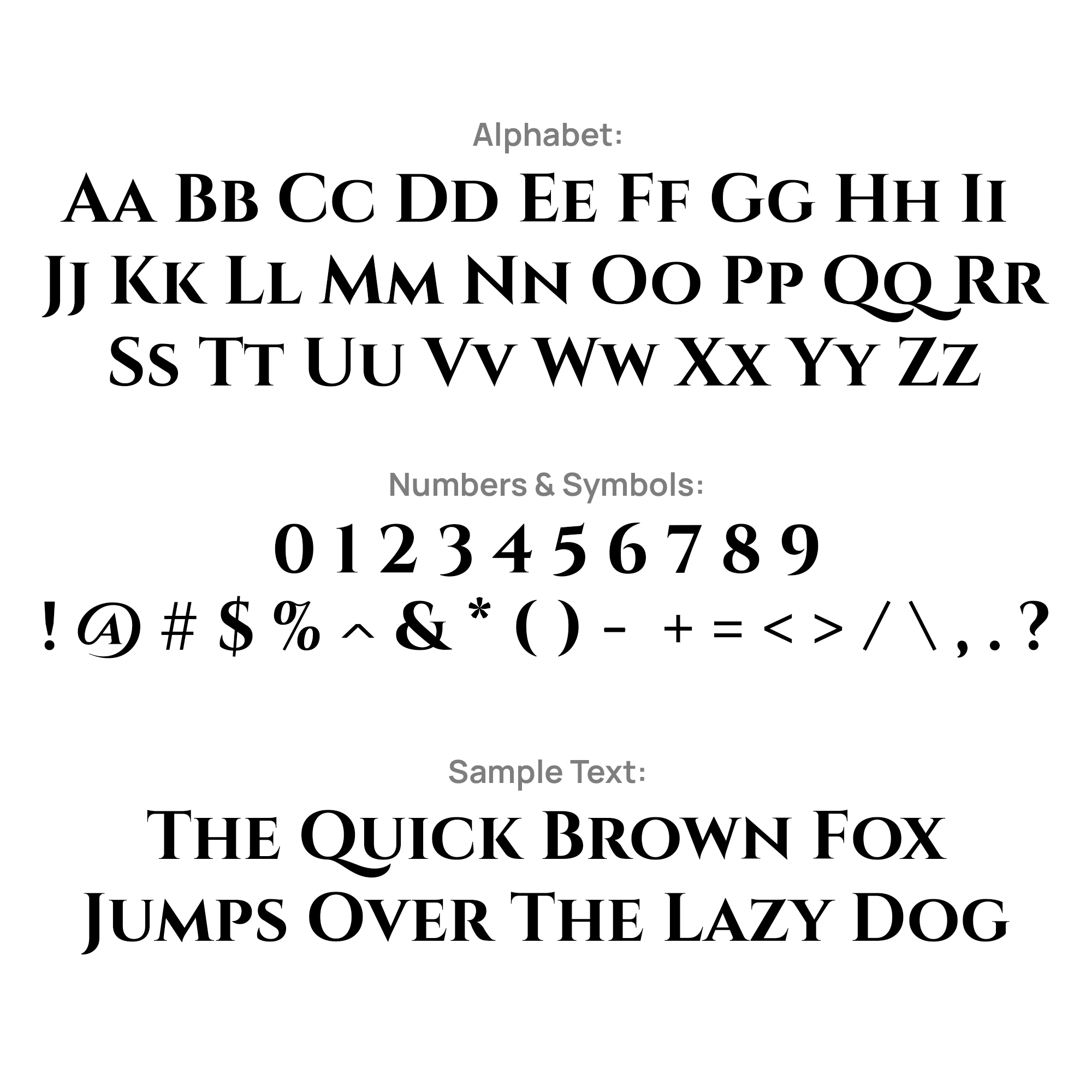Engraving characters chart with alphabet, numbers, symbols, and sample text