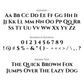 Engraving characters chart with alphabet, numbers, symbols, and sample text