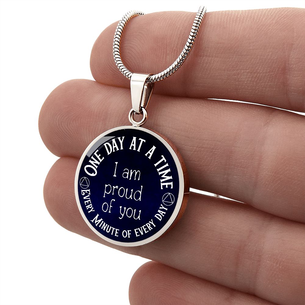 One Day at a Time Necklace - Inspirational Recovery Pendant with Custom Engraving