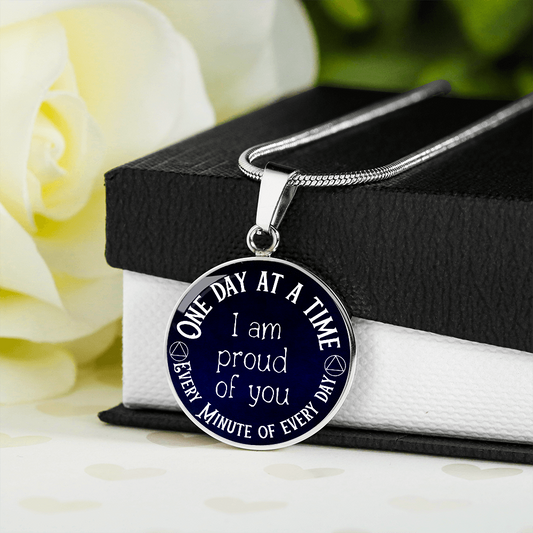 One Day at a Time Necklace - Inspirational Recovery Pendant with Custom Engraving