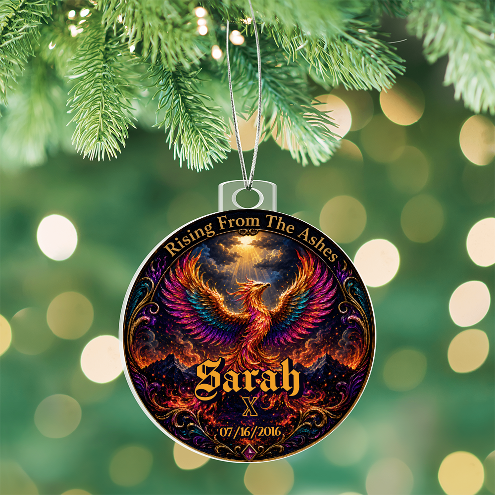 Phoenix acrylic ornament with name Sarah and date 07/16/2016, hanging on chain