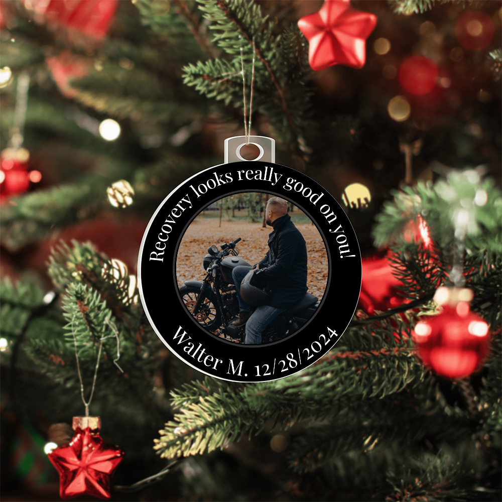 Round personalized acrylic photo recovery ornament with silver hanging loop and chain