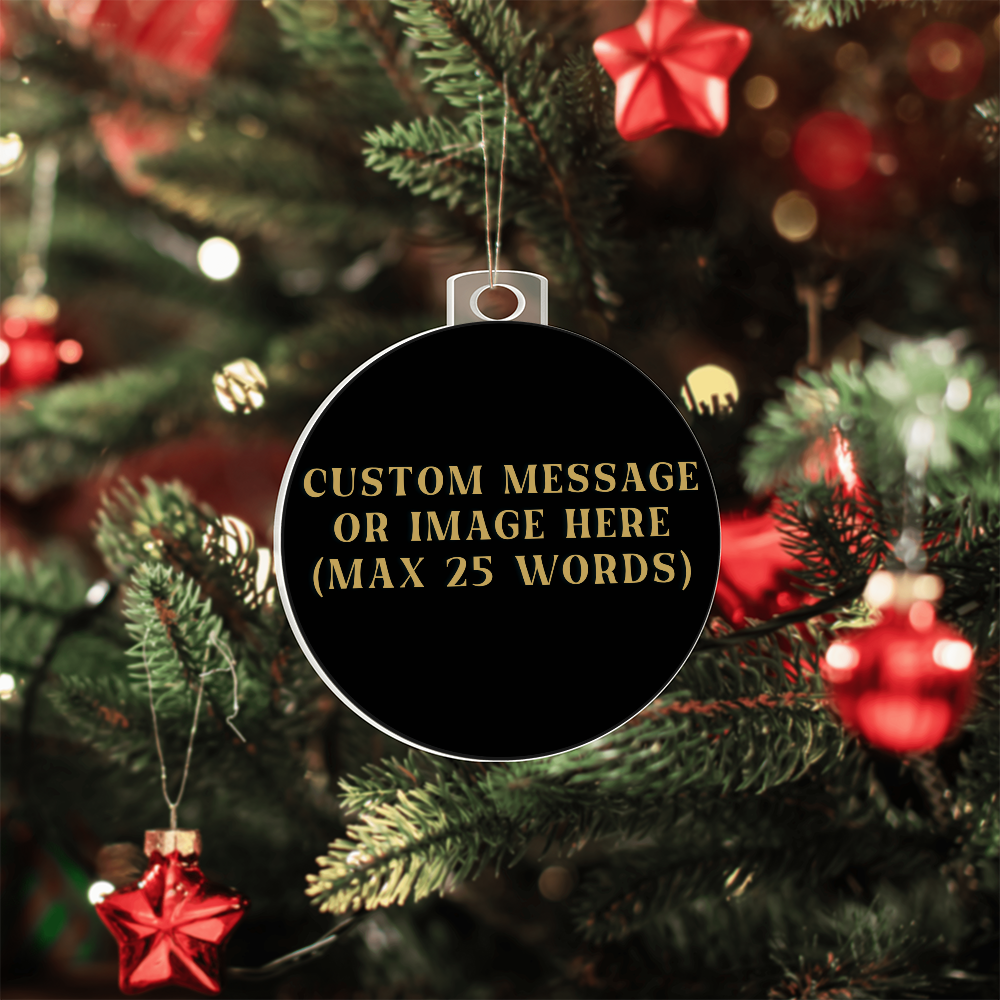 Circular phoenix acrylic ornament with custom message in gold lettering, hanging