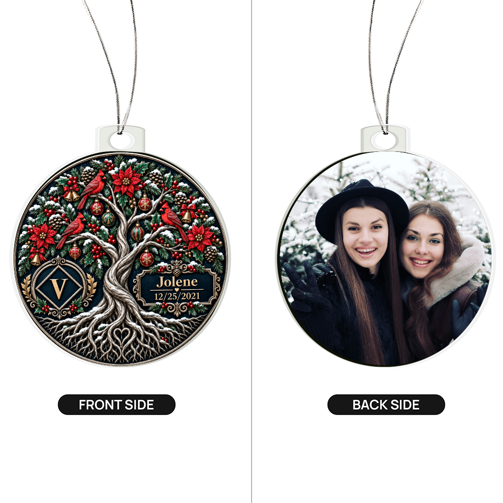 Round acrylic Christmas ornament front with tree, V monogram, and hanging silver cord