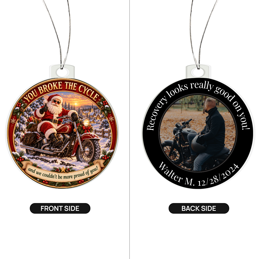 Two-sided round acrylic hanging ornament set with Santa front and recovery photo back