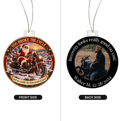 Two-sided round acrylic hanging ornament set with Santa front and recovery photo back