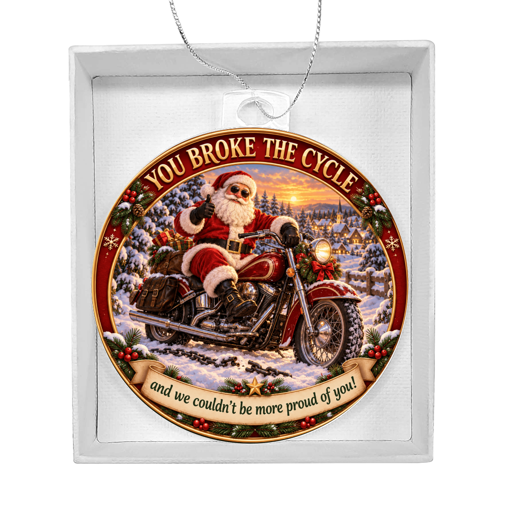 Round acrylic hanging ornament with Santa motorcycle scene inside a white gift box
