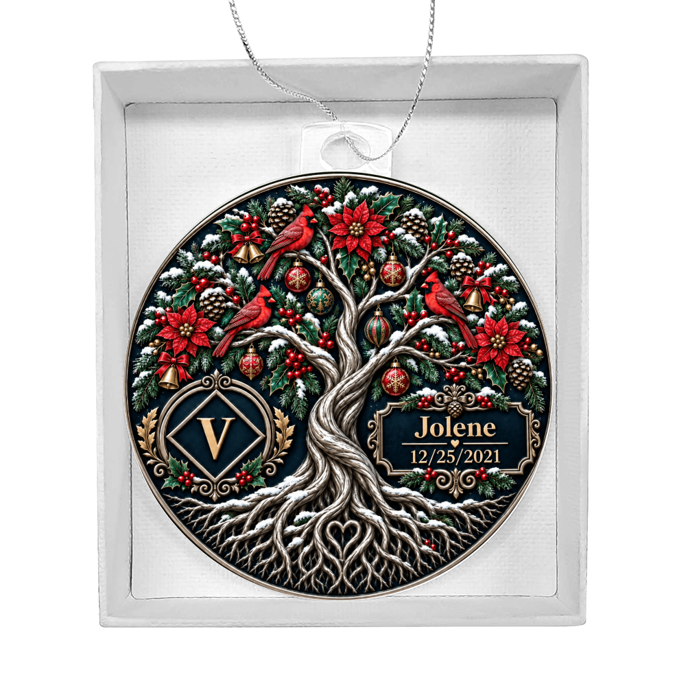 Acrylic Christmas bulb ornament in white gift box, tree artwork with V monogram