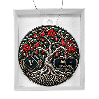 Acrylic Christmas bulb ornament in white gift box, tree artwork with V monogram