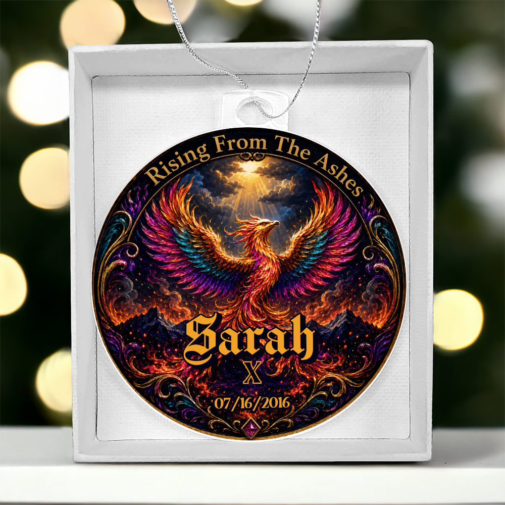 Phoenix themed acrylic ornament inside a white gift box with hanging silver chain