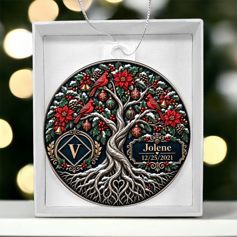 Acrylic Christmas bulb ornament in white box, tree design with name and date