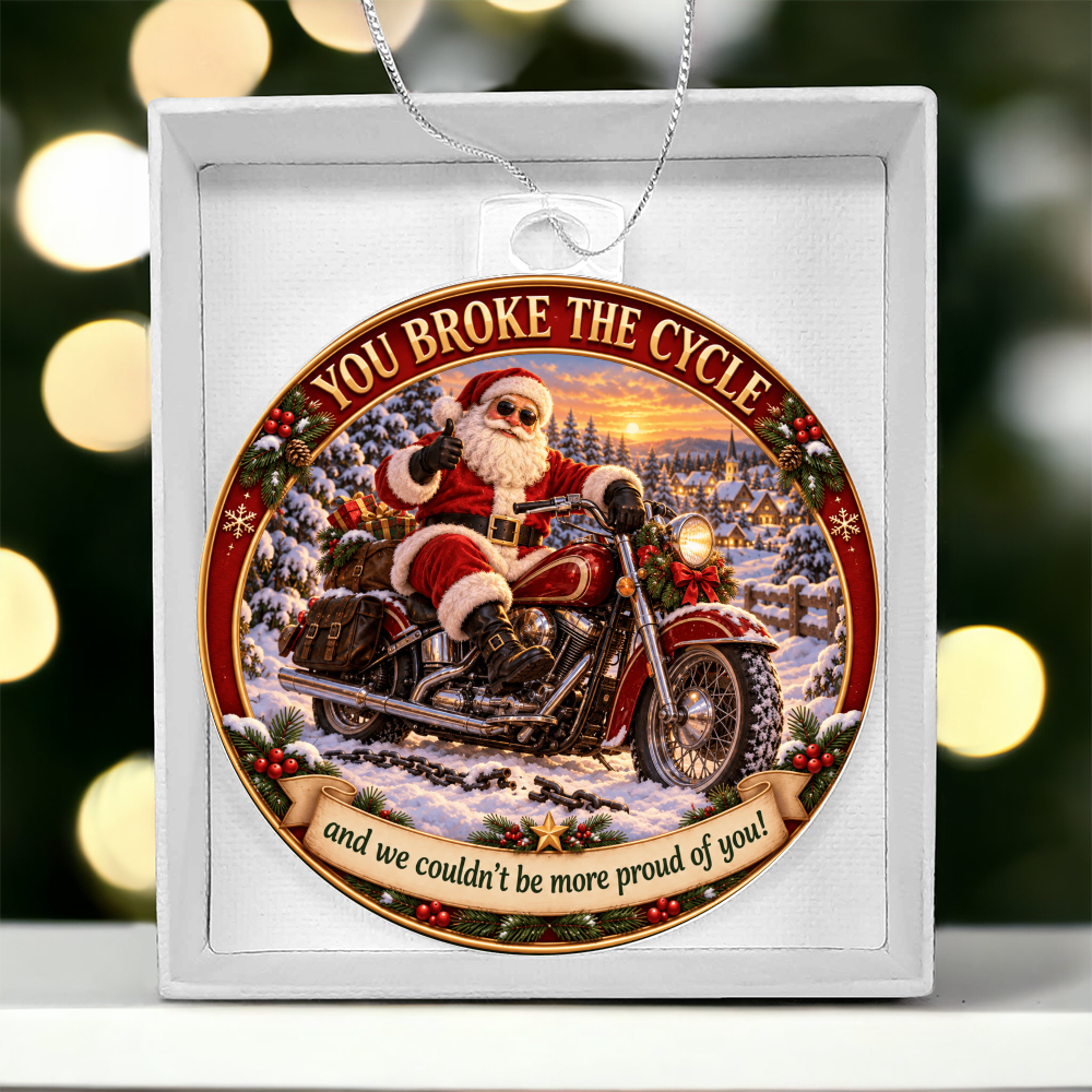 Round acrylic Santa motorcycle ornament in a white square gift box with silver chain