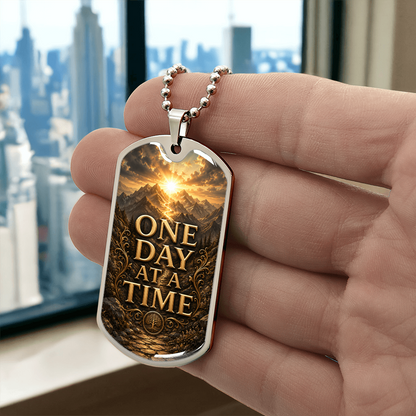 Silver dog tag necklace on open palm with “ONE DAY AT A TIME” mountain sunrise pendant.
