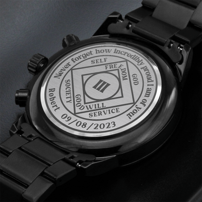 Men's black wrist watch with engraved caseback and linked steel bracelet
