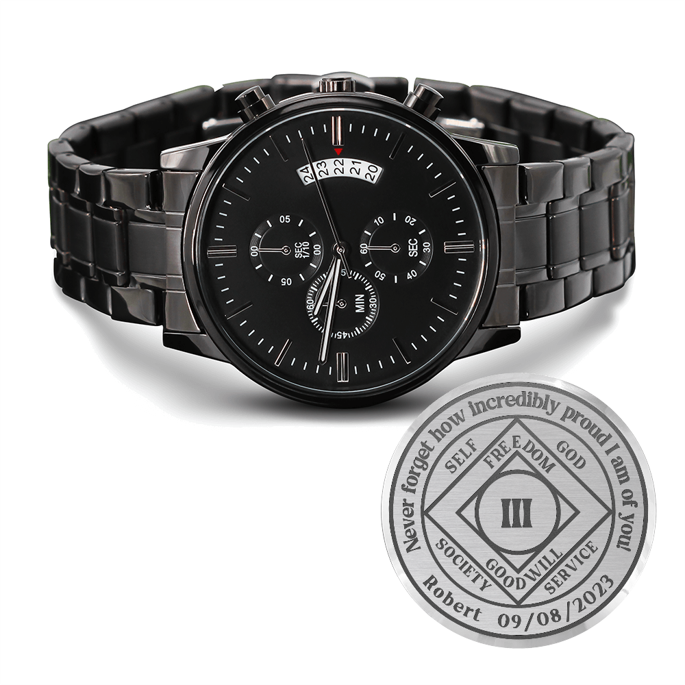 Men's black chronograph wrist watch with linked steel band and date display