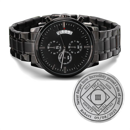 Men's black chronograph wrist watch with linked steel band and date display