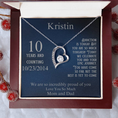 Silver heart pendant necklace in gift box, with name and 10 years date 10/23/2014