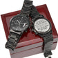 Black chronograph wristwatch with metal link band and engraved round keepsake set