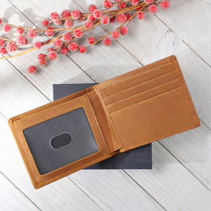 Tan leather wallet open, showing card slots and an ID-style clear pocket