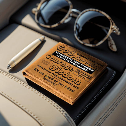 Tan leather wallet with printed sobriety message, resting on a black surface