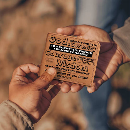 Tan leather wallet with printed sobriety message and date, held in a hand