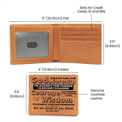 Brown leather bi-fold wallet with printed inspirational quote panel and card slot window