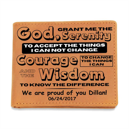 Tan leather wallet with printed sobriety message and date on front panel