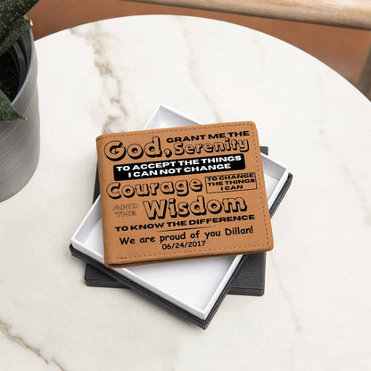 Tan leather wallet with printed sobriety message and date on stacked gift cards