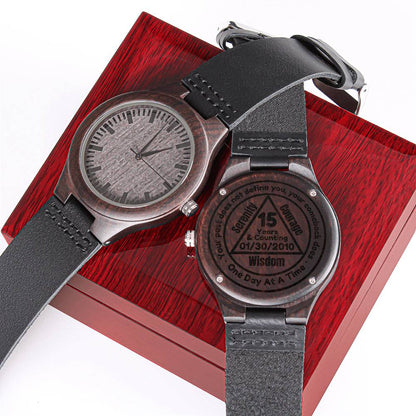 Wood watch with black leather strap, round engraved back and grey dial