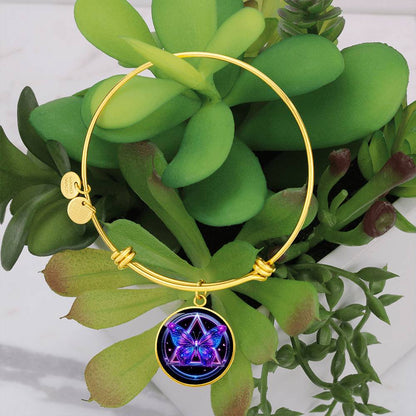 Butterfly recovery bracelet with gold bangle and purple butterfly round pendant