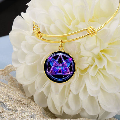 Butterfly recovery bracelet with gold bangle and round purple butterfly charm