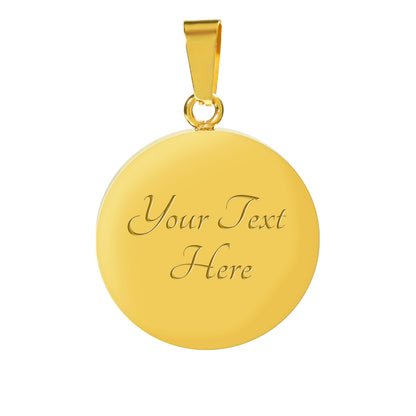 Gold bangle bracelet with round teal charm pendant and two small round metal tags