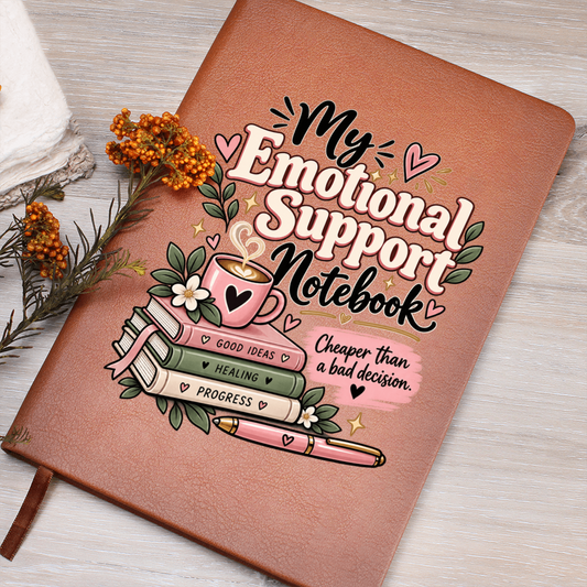 Orange vegan leather notebook with floral “My Emotional Support Notebook” graphic cover