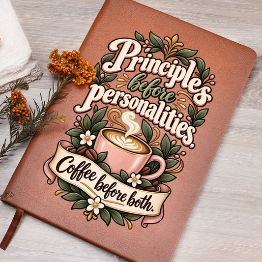 Coffee-themed recovery journal with brown faux-leather cover and floral quote graphic