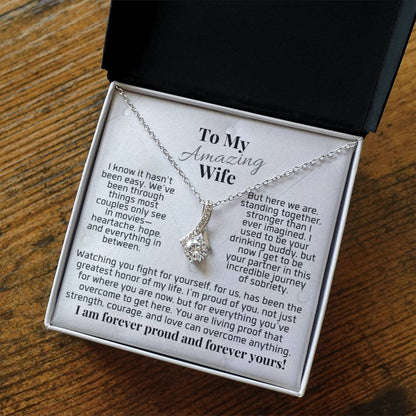 Silver-tone pendant necklace in gift box, teardrop charm with clear stones and chain