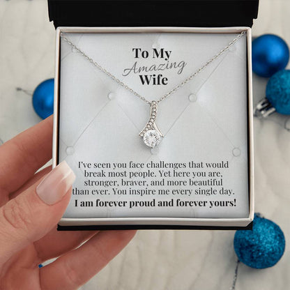 Gift box with silver-tone necklace and teardrop pendant, message card for wife