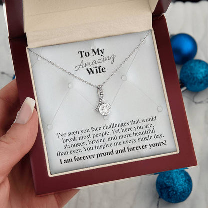 Gift box with silver-tone necklace and teardrop pendant, message card for wife
