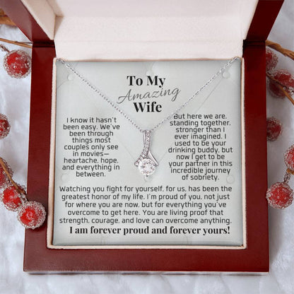 Silver-tone pendant necklace in gift box, teardrop charm with clear stones and chain