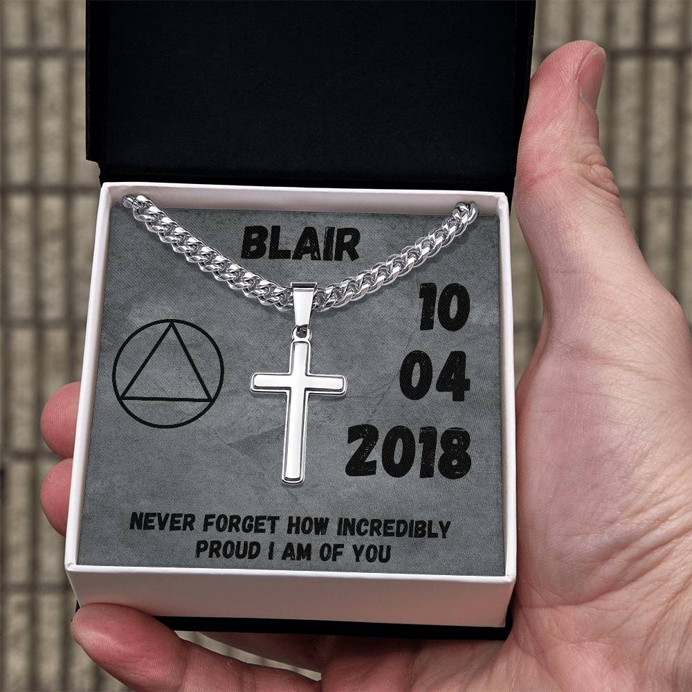 Sobriety Birthday Card with Engraved cross necklace