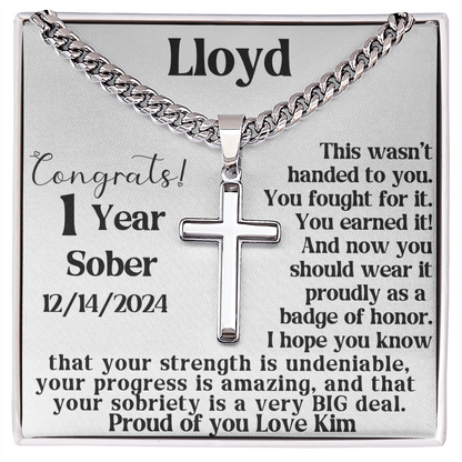 Original selected white Congrats sobriety milestone card with Lloyd example name, Cuban-link cross necklace and personal sign-off