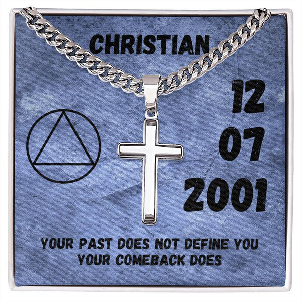Silver cross pendant necklace with braided chain, blue card insert with Christian text