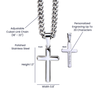 Original Cuban cross necklace front and back views with dimensions, adjustable chain and example engraving lengthwise along the back stem; one necklace is included
