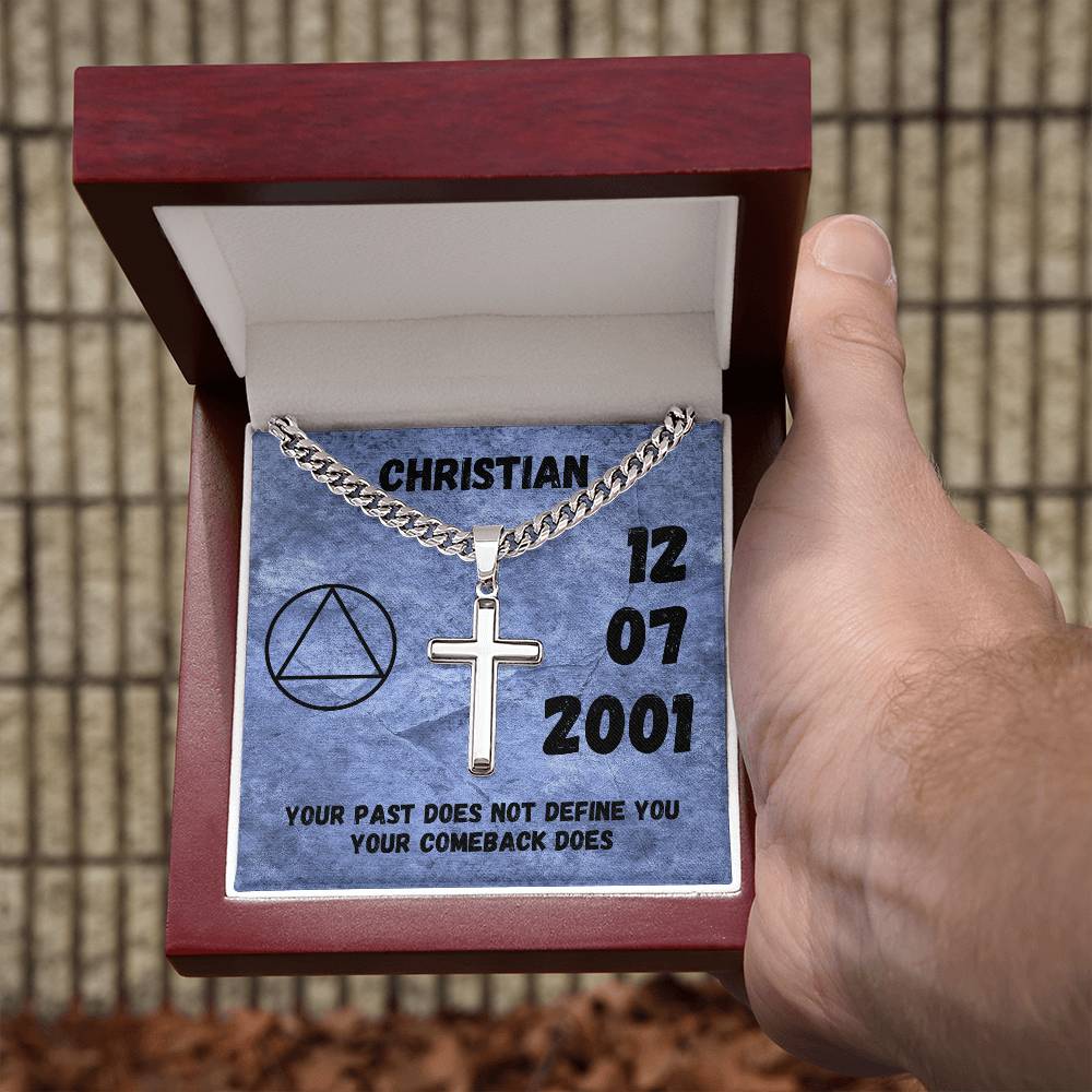 Custom Sober Birthday Card with Engraved cross necklace