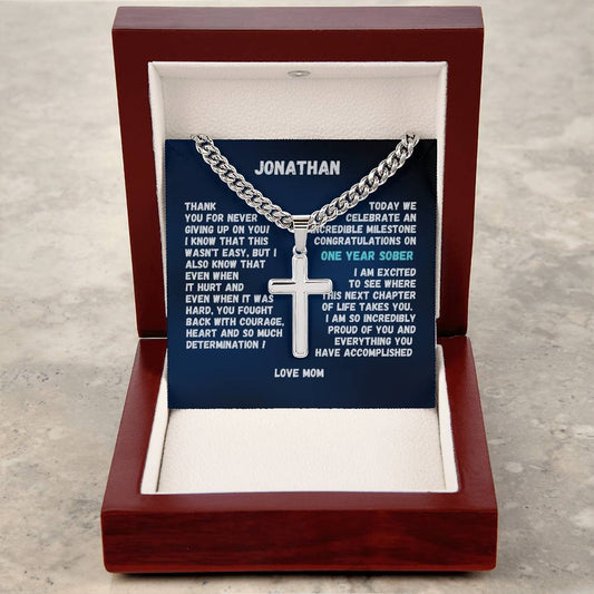 1-50 Year Sobriety Gift For Man ~ Engrave cross necklace with sobriety date or custom message and personalize image in gift box